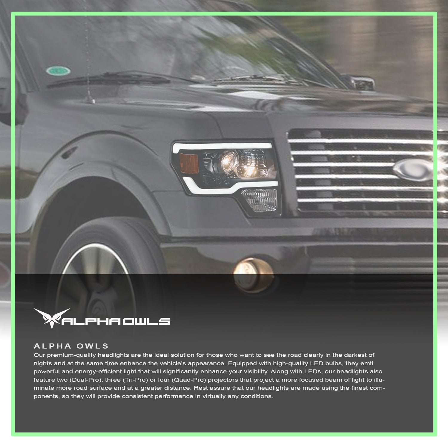 Alpha Owls 2009-2014 Ford F-150 (Excl. Models w/ factory Xenon) SQP Series Headlights (Halogen Projector Black housing w/ Sequential Signal/LumenX Light Bar) - Image 7
