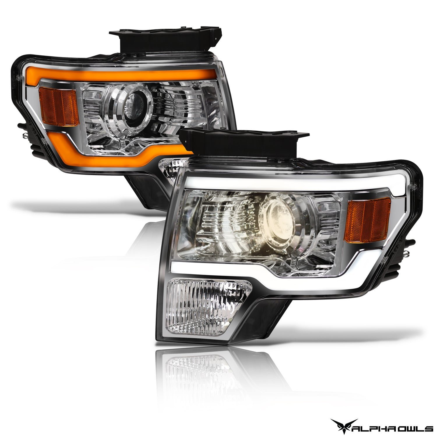 Alpha Owls 2009-2014 Ford F-150 (Excl. Models w/ factory Xenon) SQP Series Headlights (Halogen Projector Chrome housing w/ Sequential Signal/LumenX Light Bar) - Image 2