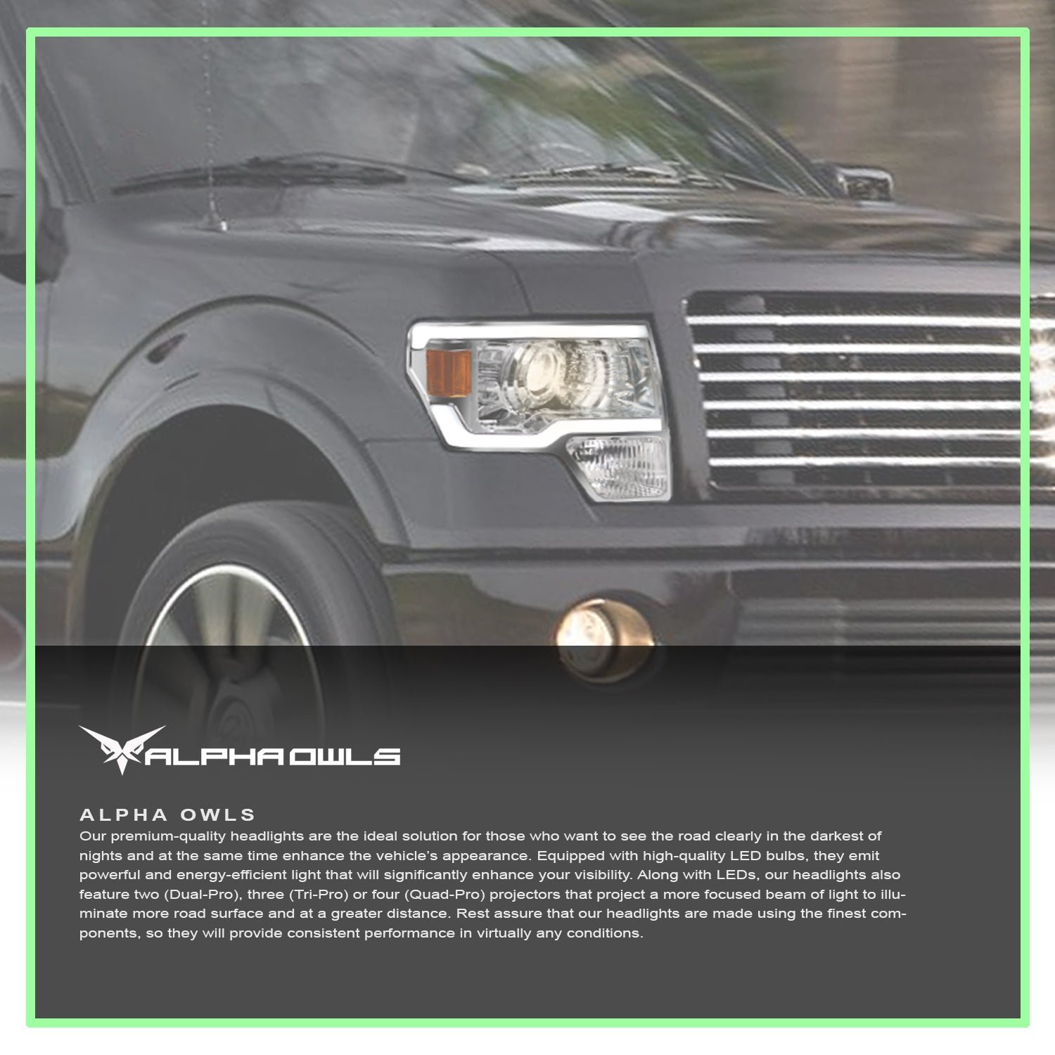 Alpha Owls 2009-2014 Ford F-150 (Excl. Models w/ factory Xenon) SQP Series Headlights (Halogen Projector Chrome housing w/ Sequential Signal/LumenX Light Bar) - Image 7