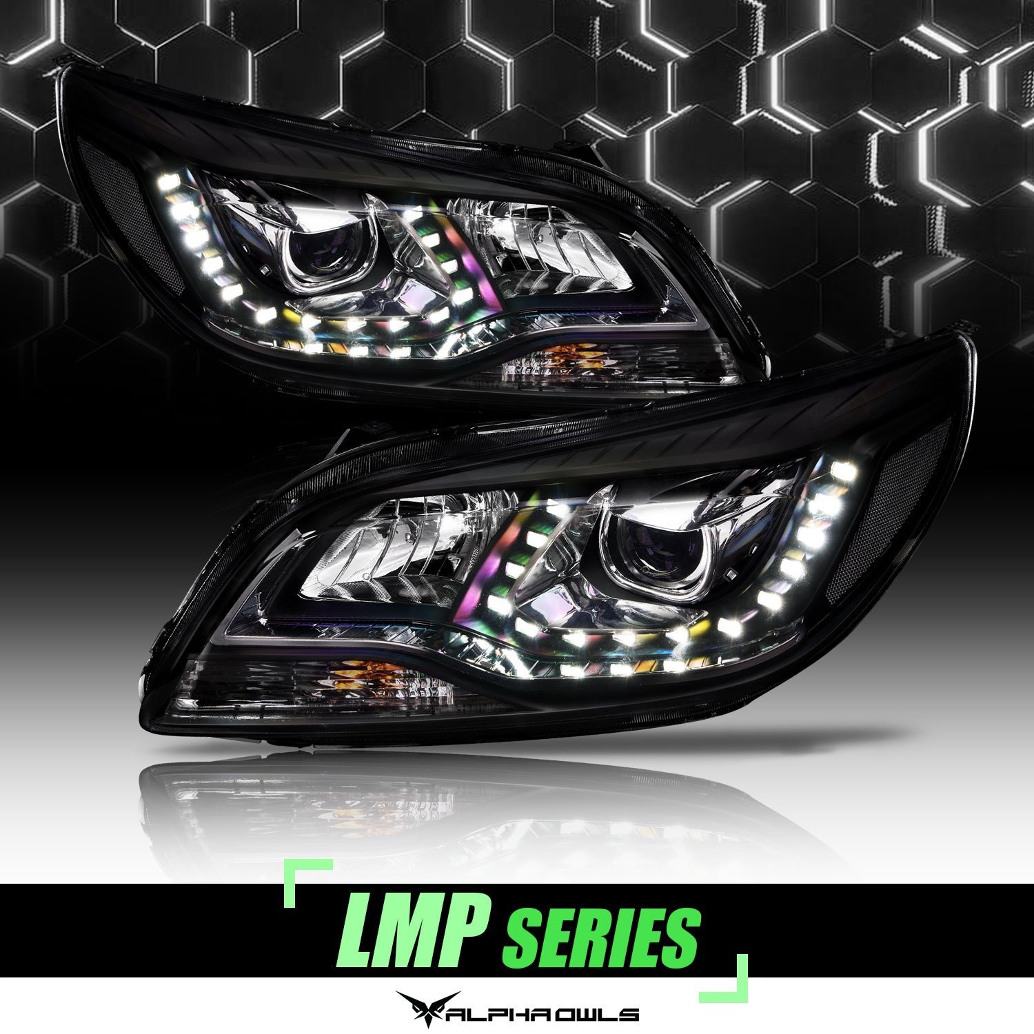 Alpha Owls 2012-2015 Chevy Malibu LMP Series Headlights (Halogen Projector Black housing w/ LumenX Light Bar) - Image 1