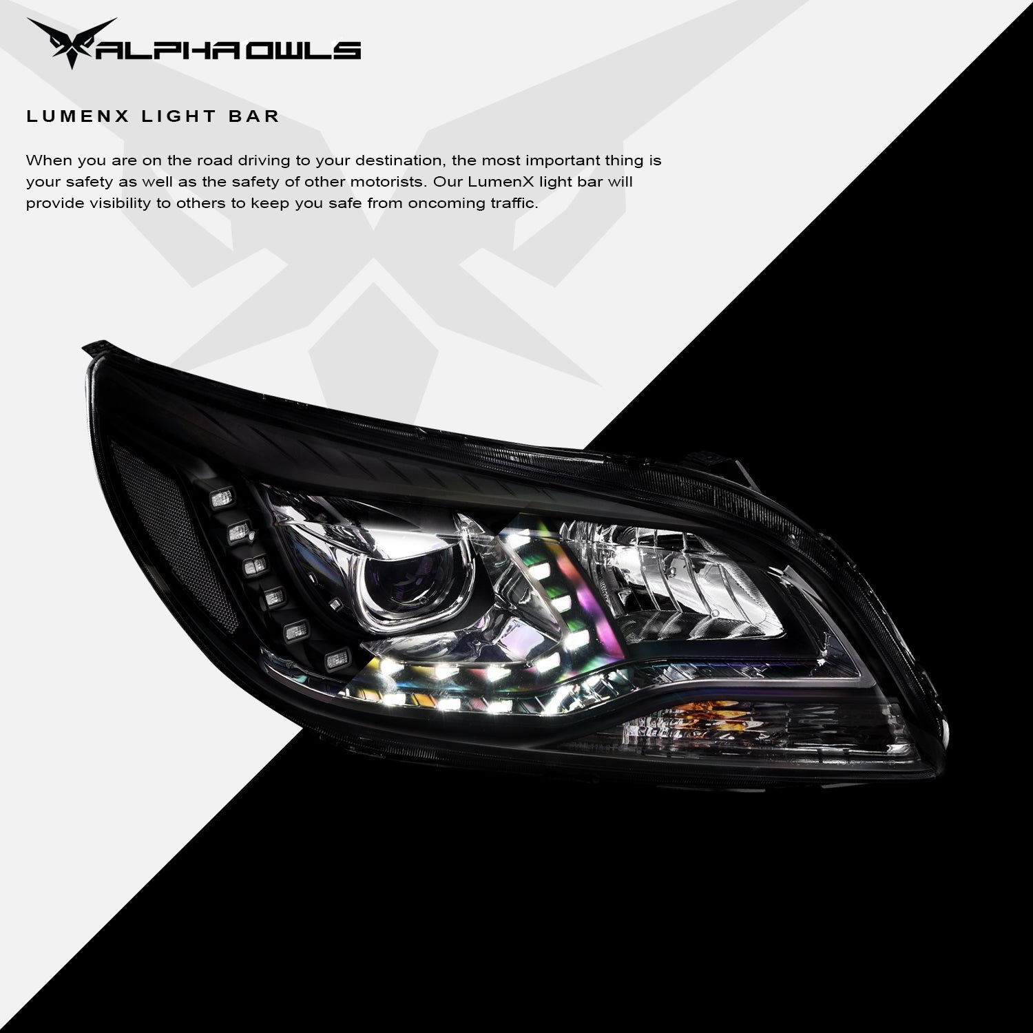 Alpha Owls 2012-2015 Chevy Malibu LMP Series Headlights (Halogen Projector Black housing w/ LumenX Light Bar) - Image 4