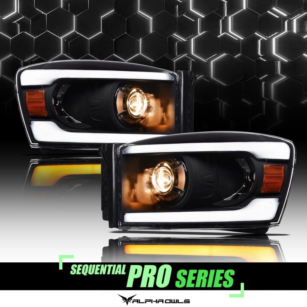 Alpha Owls 2006-2009 Dodge Ram 2500/3500 SQP Series Headlights (Halogen Projector Black housing w/ Sequential Signal/LumenX Light Bar)