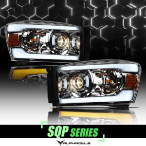 Alpha Owls 2006-2009 Dodge Ram 2500/3500 SQP Series Headlights (Halogen Projector Chrome housing w/ Sequential Signal/LumenX Light Bar) - Image 1