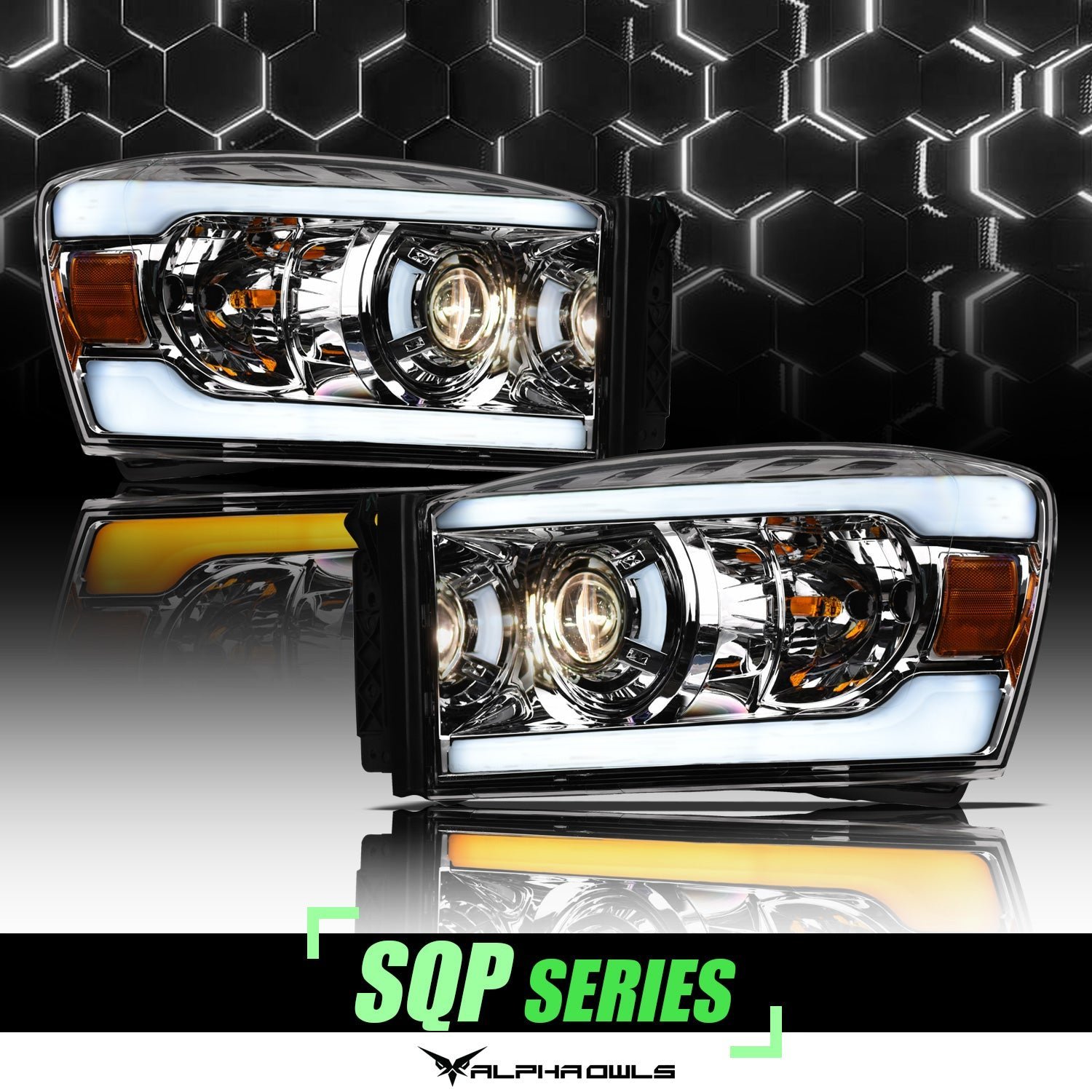 Alpha Owls 2006-2009 Dodge Ram 2500/3500 SQP Series Headlights (Halogen Projector Chrome housing w/ Sequential Signal/LumenX Light Bar) - Image 1