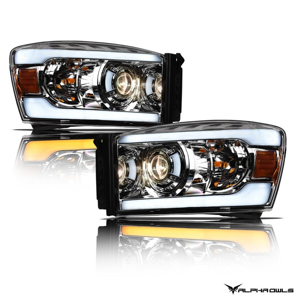 Alpha Owls 2006-2009 Dodge Ram 2500/3500 SQP Series Headlights (Halogen Projector Chrome housing w/ Sequential Signal/LumenX Light Bar)