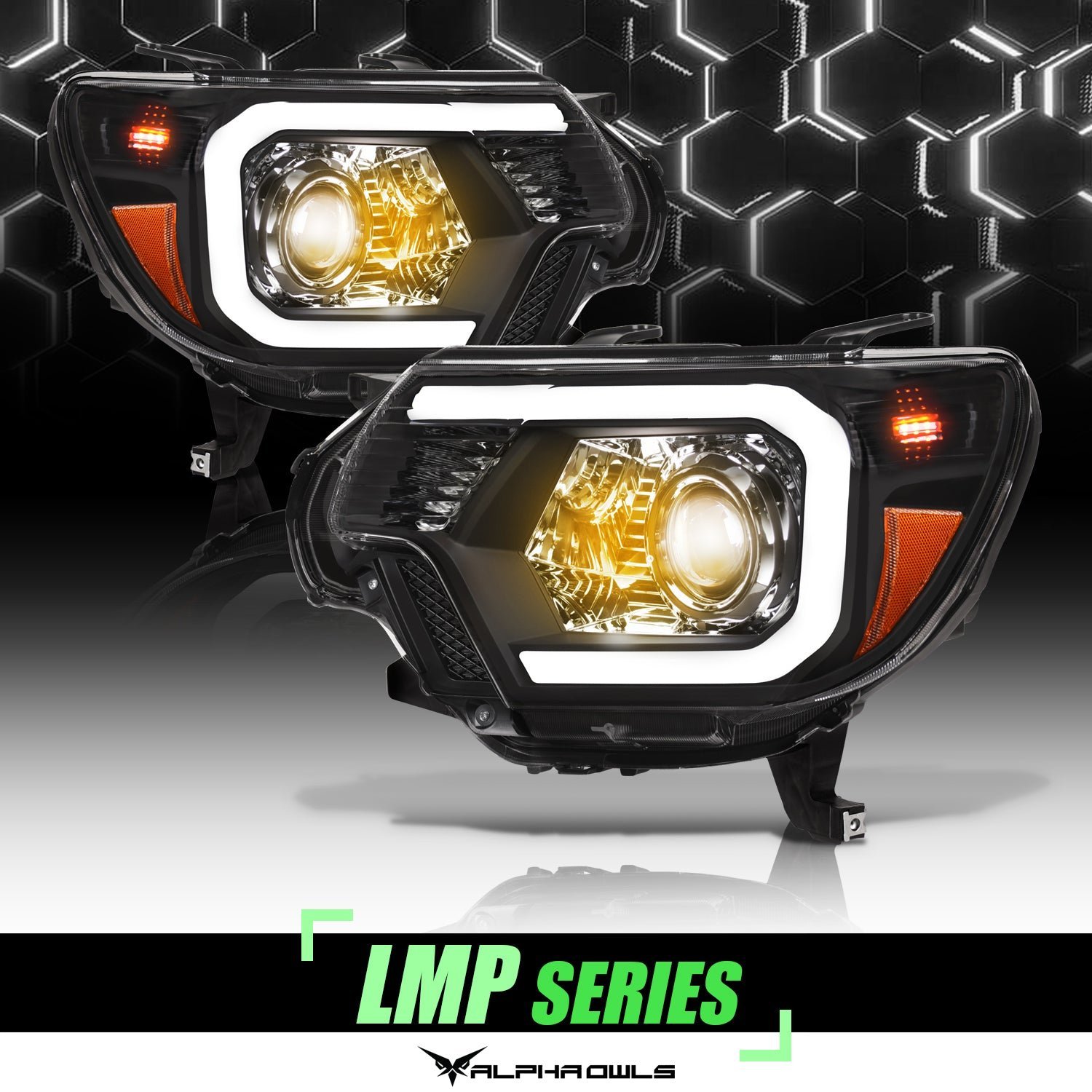 Alpha Owls 2012-2015 Toyota Tacoma LMP Series Headlights (Halogen Projector Black housing w/ LumenX Light Bar) - Image 1