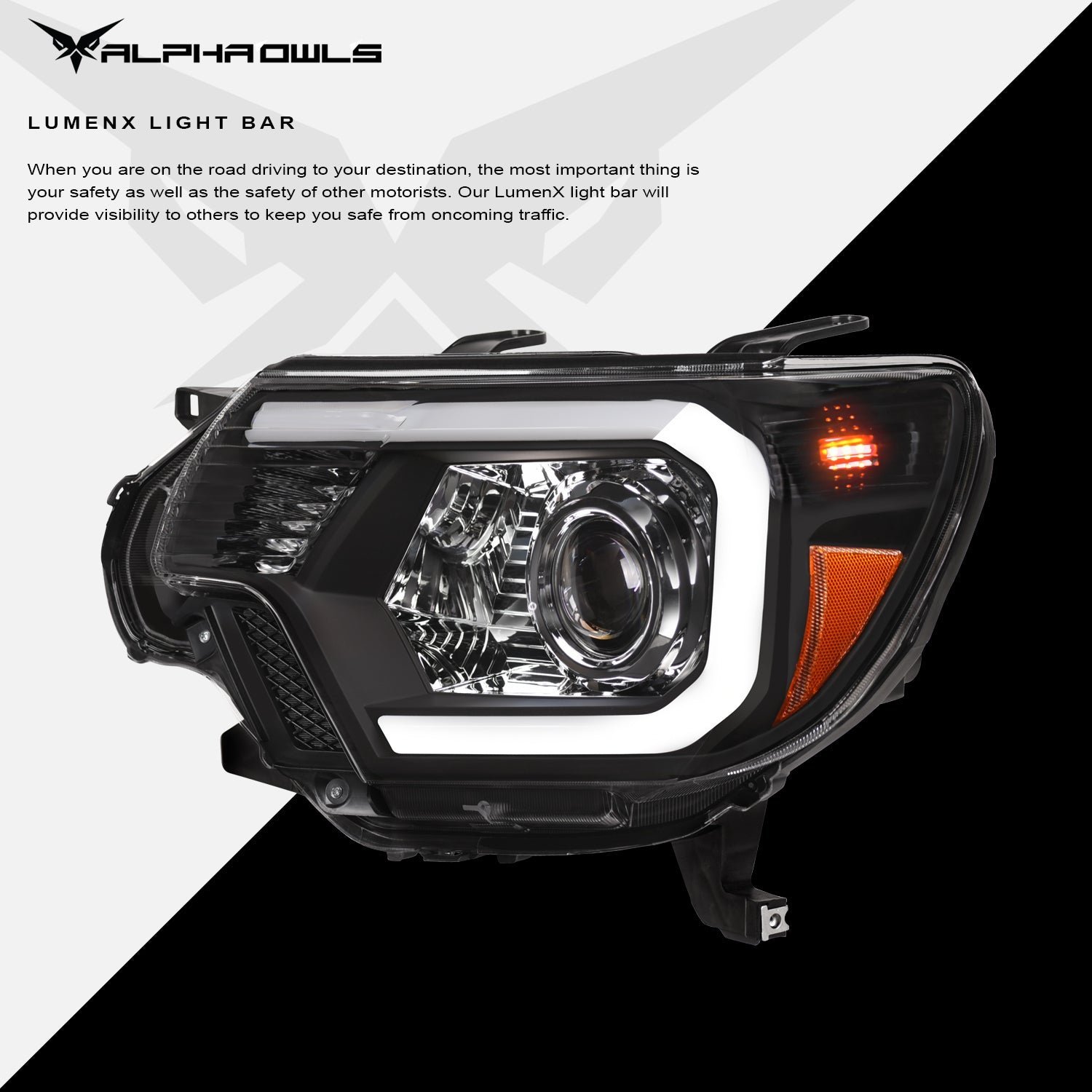 Alpha Owls 2012-2015 Toyota Tacoma LMP Series Headlights (Halogen Projector Black housing w/ LumenX Light Bar) - Image 4