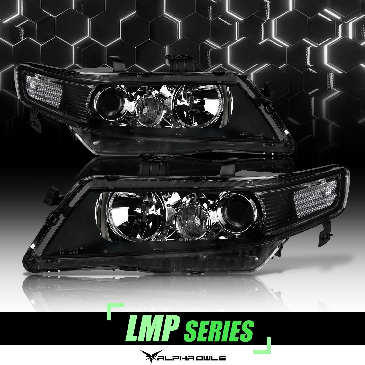 Alpha Owls 2004-2005 Acura TSX LMP Series Headlights (Halogen Projector Black housing w/ LumenX Light Bar) - Image 1