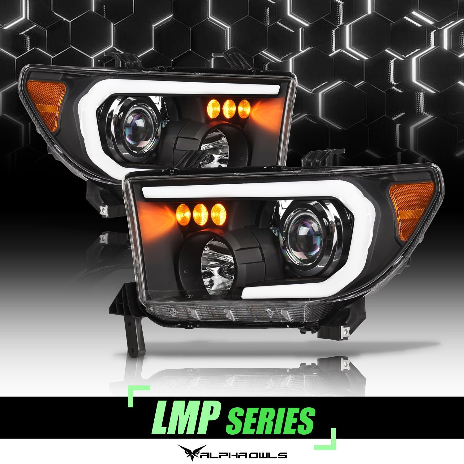 Alpha Owls 2007-2013 Toyota Tundra LMP Series Headlights (Halogen Projector Black housing w/ LumenX Light Bar) - Image 1