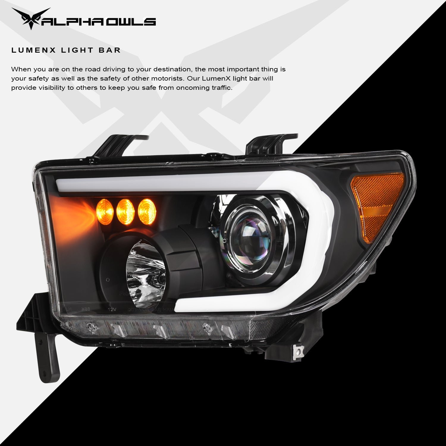 Alpha Owls 2007-2013 Toyota Tundra LMP Series Headlights (Halogen Projector Black housing w/ LumenX Light Bar) - Image 4
