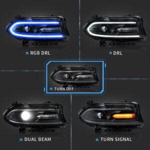 15-22 Dodge Charger 7th Gen (LD) Vland RGB Style Dual Beam Projector HeadLights Black - Image 3