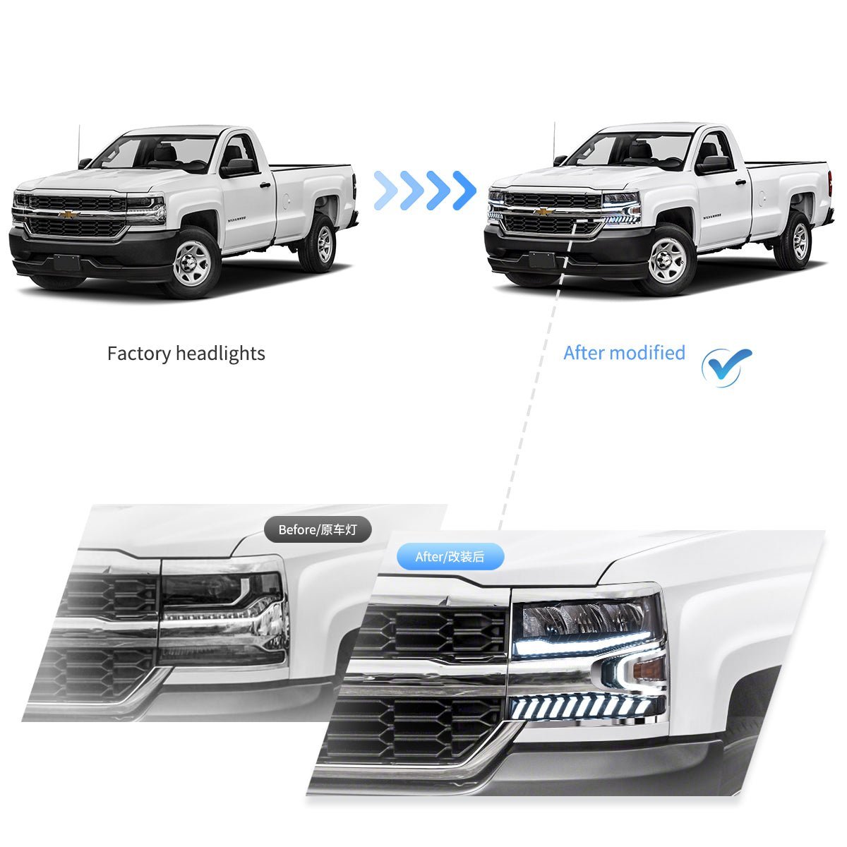16-18 Chevrolet Silverado 1500 4th Gen Facelift Vland LED Reflection Bowl Headlights Chrome - Image 7