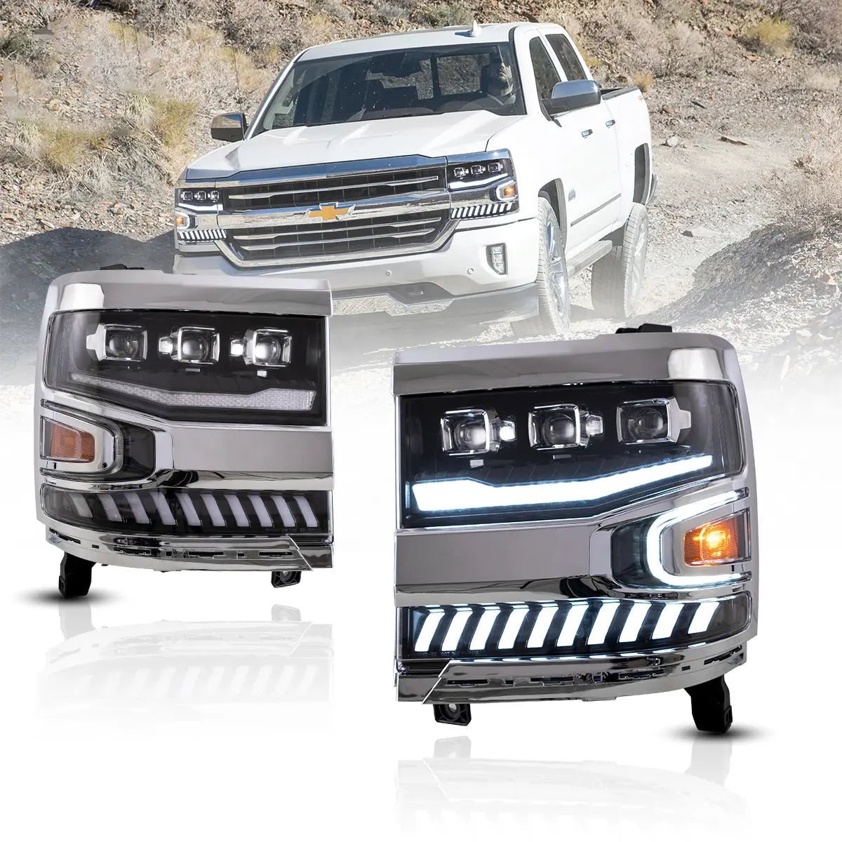 16-18 Chevrolet Silverado 1500 4th Gen Facelift Vland LED Dual Beam Projector Headlights Black - Image 1