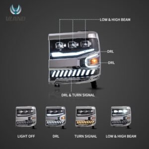 16-18 Chevrolet Silverado 1500 4th Gen Facelift Vland LED Dual Beam Projector Headlights Black - Image 5