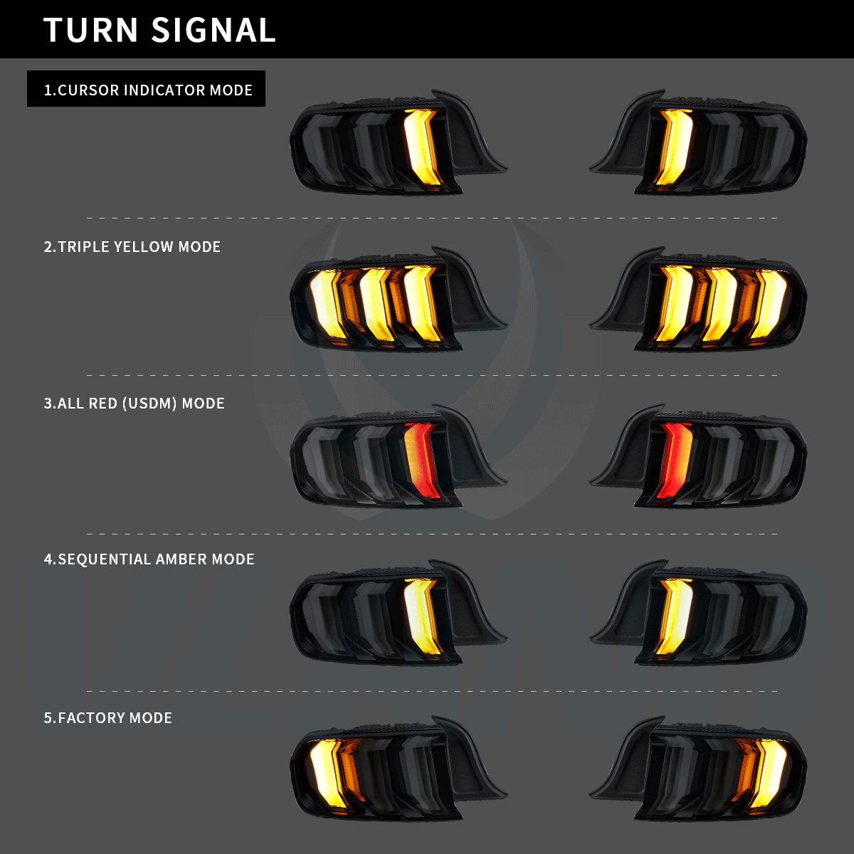 15-22 Ford Mustang 6th Gen (S550) Vland LED Tail Lights with 5 modes Sequential Turn Signal - Image 5