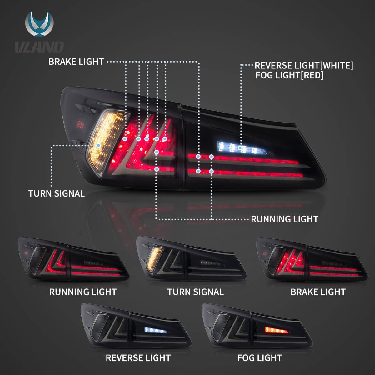 06-12 Lexus IS Series 2th Gen (XE20) Vland LED Tail Lights with Amber Turn Signal - Image 5