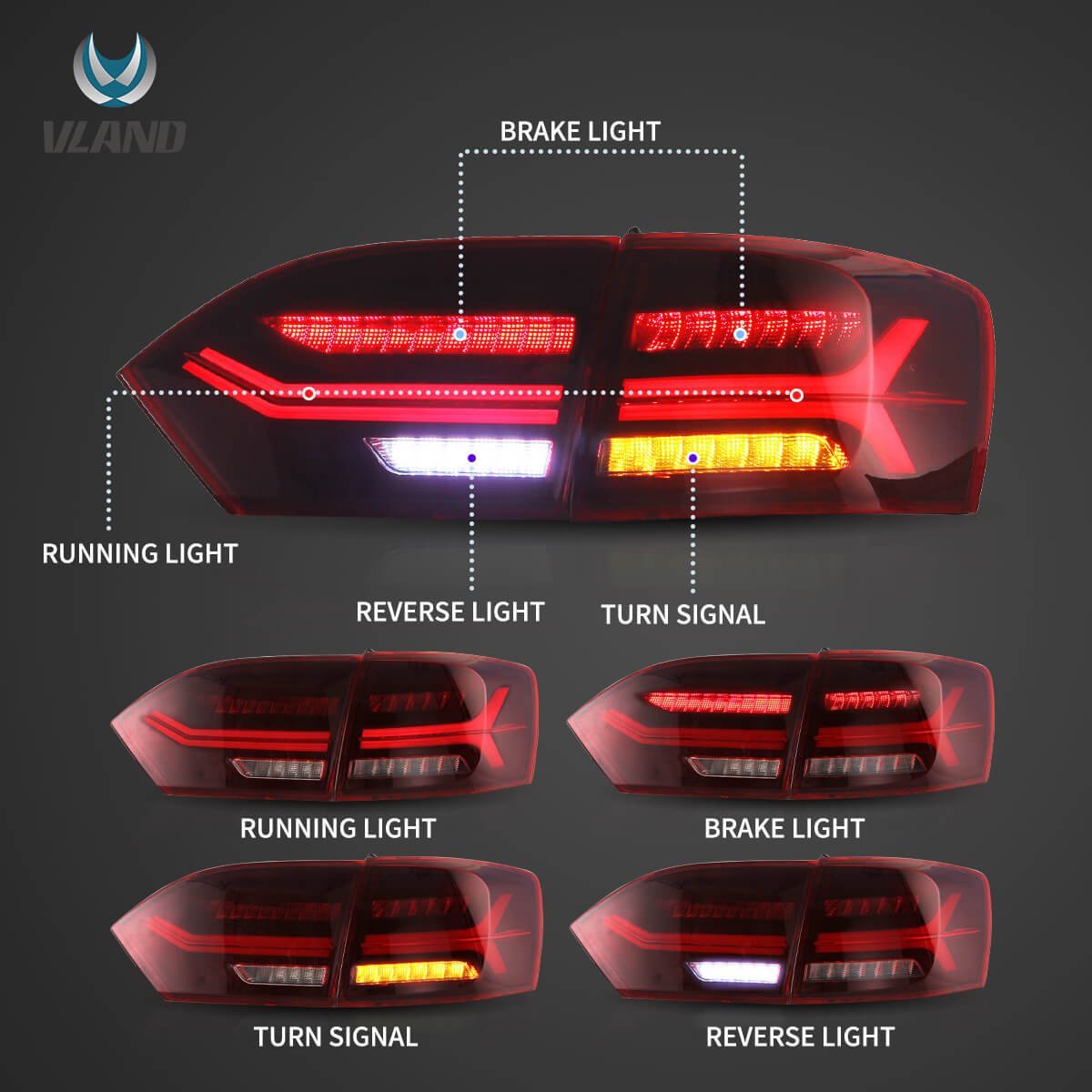 Vland Full LED 11-14 Volkswagen Jetta/Sagitar 6th Gen (A6) Tail Lights With Sequential Turn Signal - Image 6