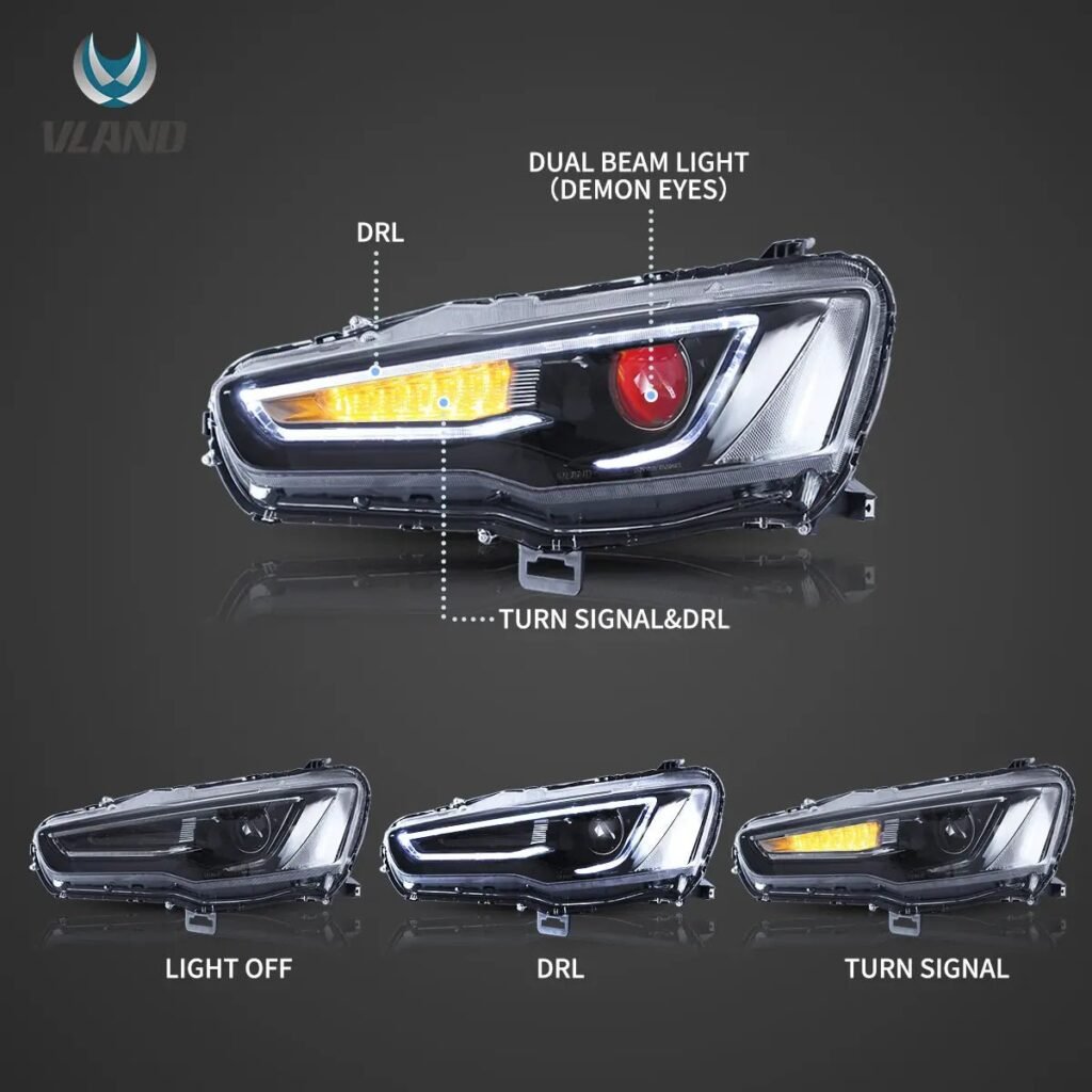 08-17 Mitsubishi Lancer 9th Gen Evo X GSR 10th Gen (CZ4A) Vland Dual Beam Projector Headlights with Demon Eyes Black