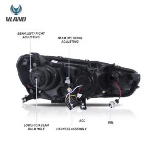 08-17 Mitsubishi Lancer 9th Gen Evo X GSR 10th Gen (CZ4A) Vland Dual Beam Projector Headlights with Demon Eyes Black - Image 14