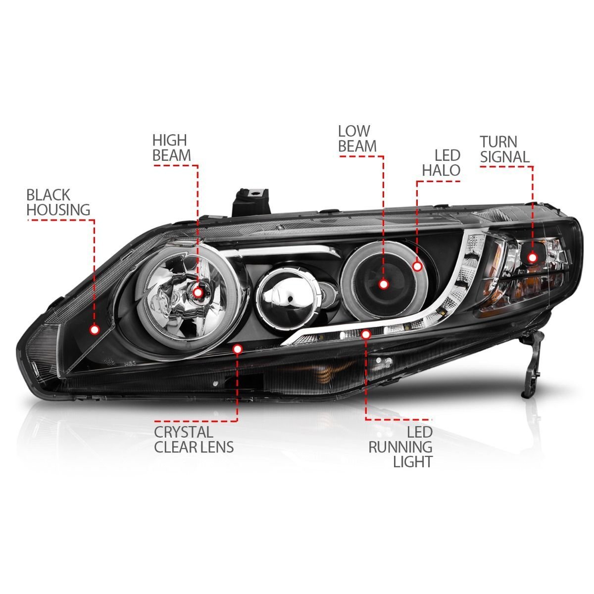 Honda Civic 06-11 4DR / Hybrid Projector Headlights Black W/ Rx Halo - Image 4