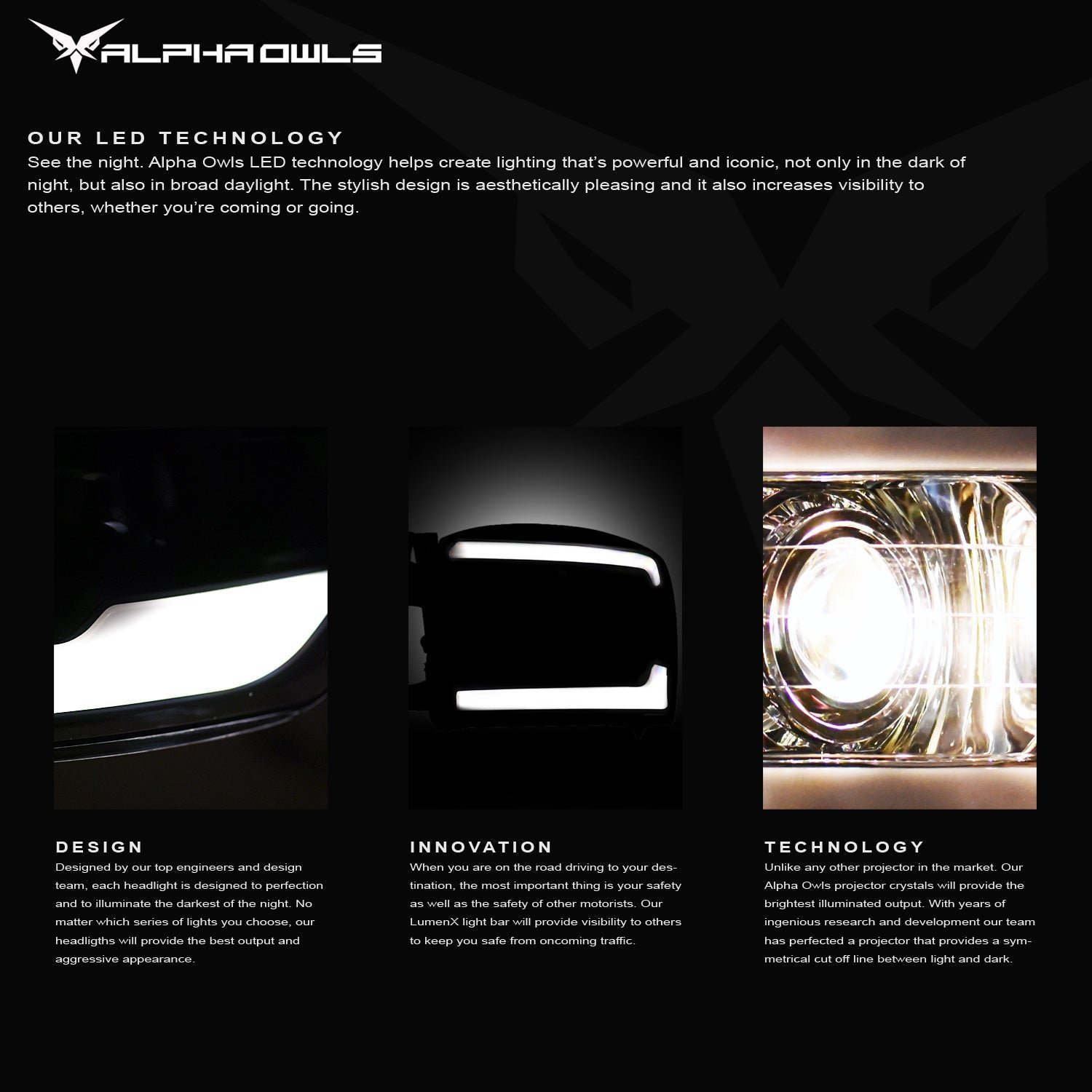 Alpha Owls 2006-2008 Lincoln Mark-LT LMP Series Headlights (Halogen Projector Black housing w/ LumenX Light Bar) - Image 3