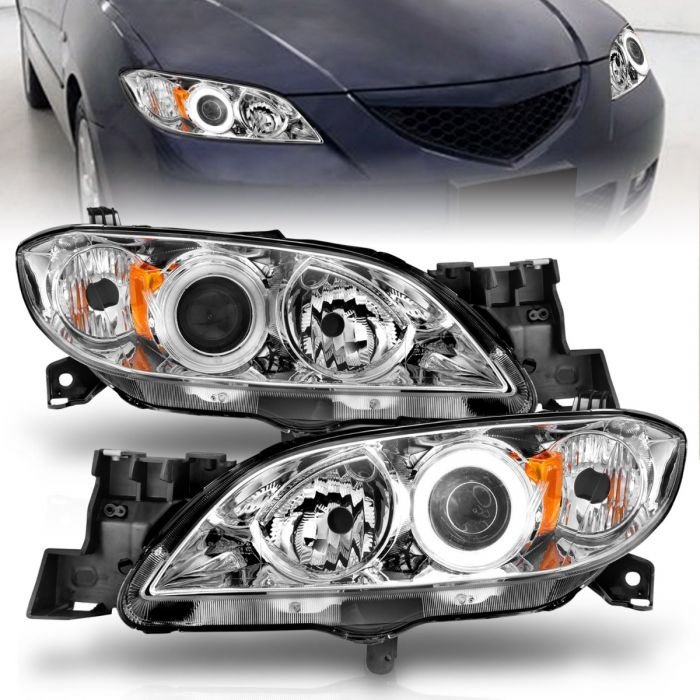 Mazda 3 04-08 4dr Projector Headlights Chrome W/ Rx Halo