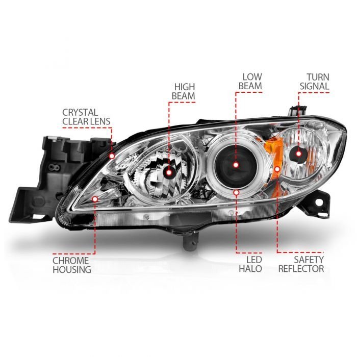 Mazda 3 04-08 4dr Projector Headlights Chrome W/ Rx Halo