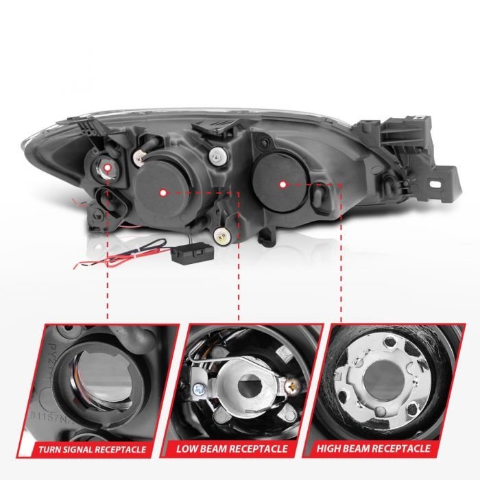 Mazda 3 04-08 4dr Projector Headlights Chrome W/ Rx Halo