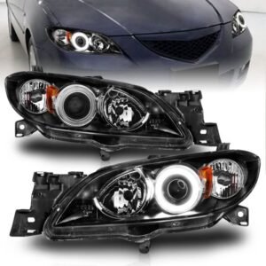 Mazda 3 04-08 4dr Projector Headlights Black W/ Rx Halo - Image 1