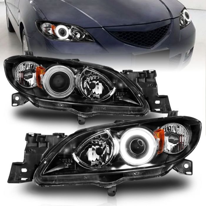 Mazda 3 04-08 4dr Projector Headlights Black W/ Rx Halo