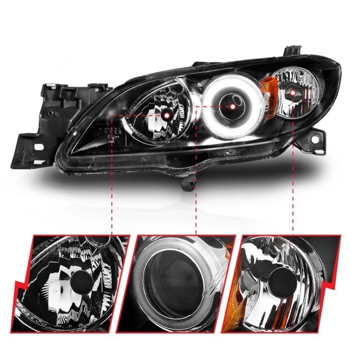 Mazda 3 04-08 4dr Projector Headlights Black W/ Rx Halo