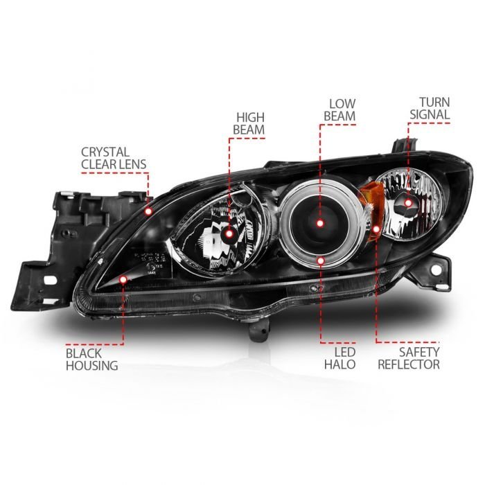 Mazda 3 04-08 4dr Projector Headlights Black W/ Rx Halo