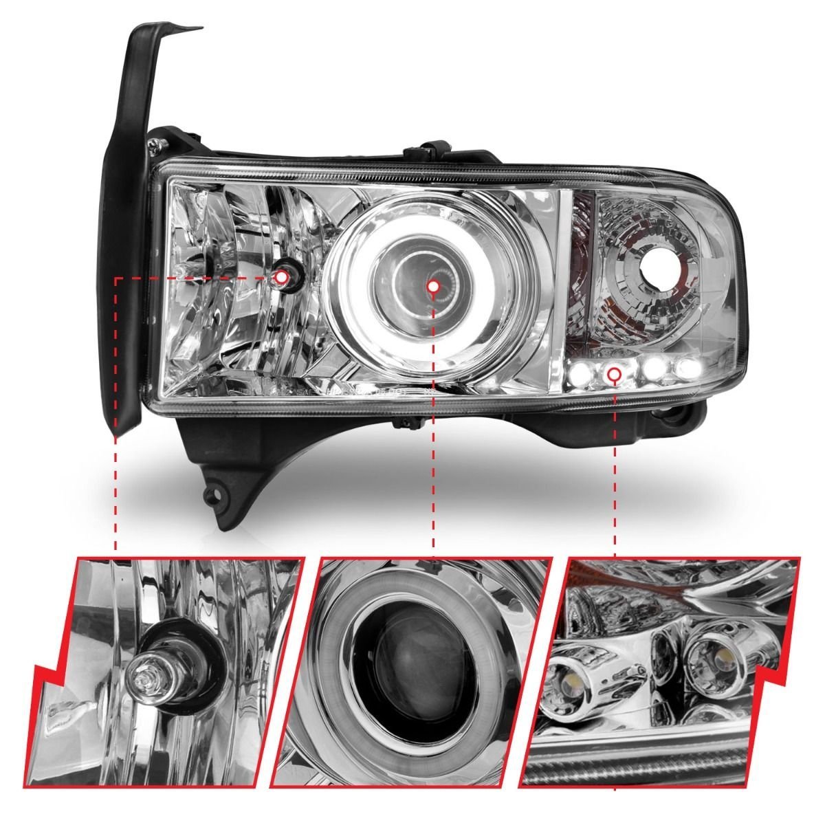 Dodge Ram 1500 94-01 / Ram 2500/3500 94-02 /Ram Sport Model 94-98 Projector Headlights Chrome W/ Rx Halo - Image 2