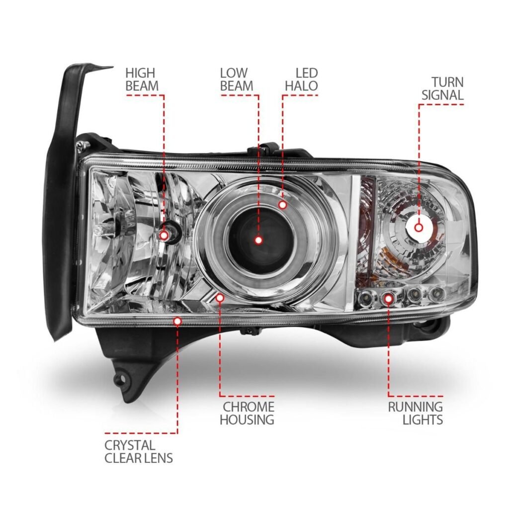 Dodge Ram 1500 94-01 / Ram 2500/3500 94-02 /Ram Sport Model 94-98 Projector Headlights Chrome W/ Rx Halo