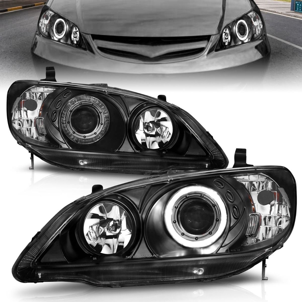 Honda Civic 04-05 2/3/4DR Projector Headlights Black W/ Led Halo - Image 1