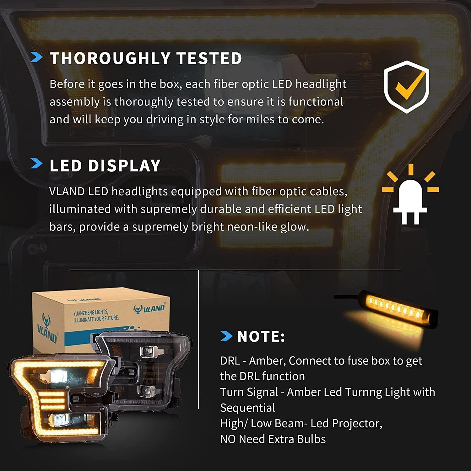 VLAND Full LED Headlights For Ford F150 13th Gen Pickup 2015-2017 With Amber DRL - Image 11