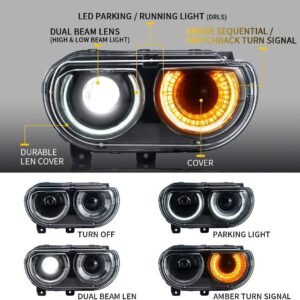 VLAND LED Halo Headlights For Dodge Challenger 2008-2014 Dual Beam DRL(White) With Sequential Turn Signals - Image 3