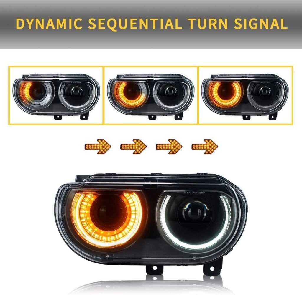 VLAND LED Halo Headlights For Dodge Challenger 2008-2014 Dual Beam DRL(White) With Sequential Turn Signals