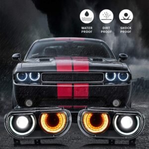 VLAND LED Halo Headlights For Dodge Challenger 2008-2014 Dual Beam DRL(White) With Sequential Turn Signals - Image 2